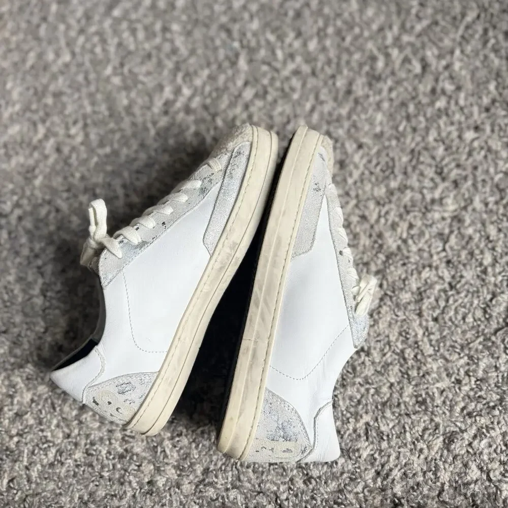 P448 John Lama Sneakers White Silver Lace Up Low Top Leather Size 36 US 6 Shoe